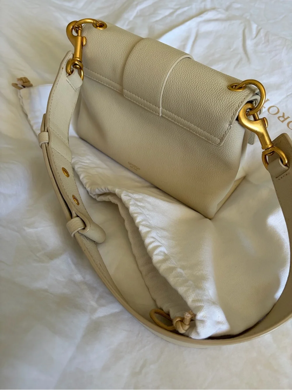 Oroton Neutral Cream Buckle-Front Crossbody Bag